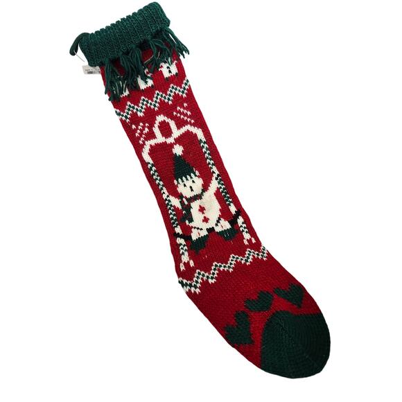Vintage Long Crochet Christmas Stocking Red Green Snowman Taiwan Tassle - Picture 1 of 11